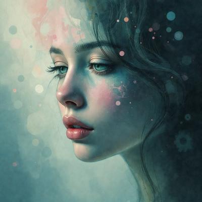 The primary subject of the image is a woman with long hair, who is looking at the camera. She has a pink lipstick on her lips, and her eyes are blue. The setting is a blue background, which adds a sense of depth and contrast to the image. The visual style is a combination of digital art and illustration, creating a unique and artistic representation of the woman. The colors and mood of the image are predominantly blue and pink, giving it a calm and serene atmosphere.